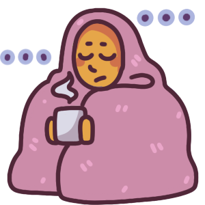 a person sitting upright, curled up in a pink blanket with a peaceful face. They are holding a white cup with steam coming off it. There are three dots on either side of them